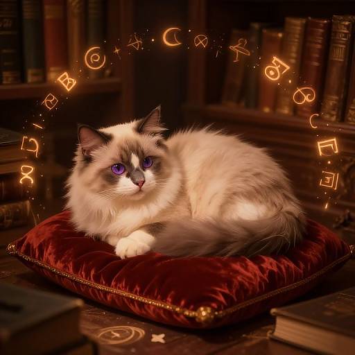 Photograph of a fluffy white and black cat with vivid purple eyes, lying on a red velvet cushion in a dimly lit library surrounded by old books