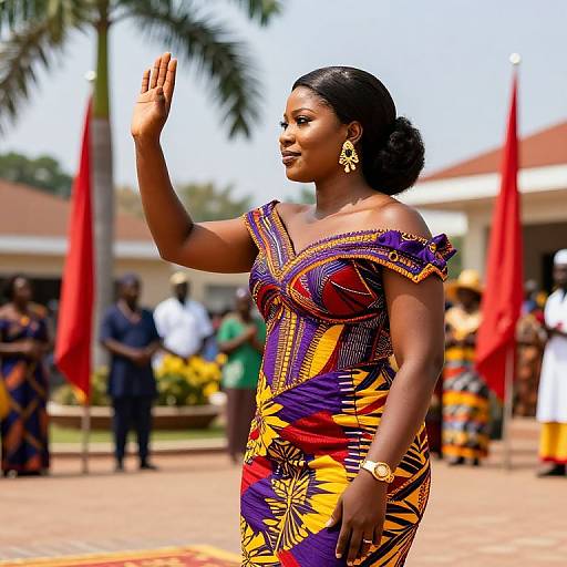 Photograph of a Black woman with dark skin, in a colorful, off-shoulder, African patterned dress, raising her right hand, wearing