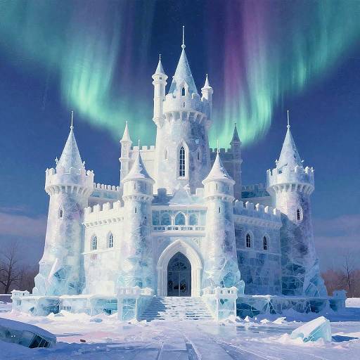 Photograph of an illuminated, elaborate ice castle at night, with vibrant green and blue auroras in the sky, set on a snowy landscape.