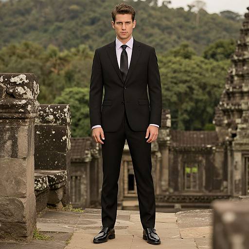 Photograph of a handsome, fair-skinned man in a black suit, white shirt, and black tie standing in an ancient, lush, jungle-covered