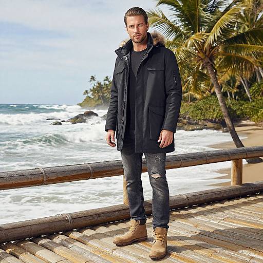 Photograph of a bearded man in a black coat, ripped jeans, and tan boots standing on a bamboo boardwalk by a tropical beach with palm