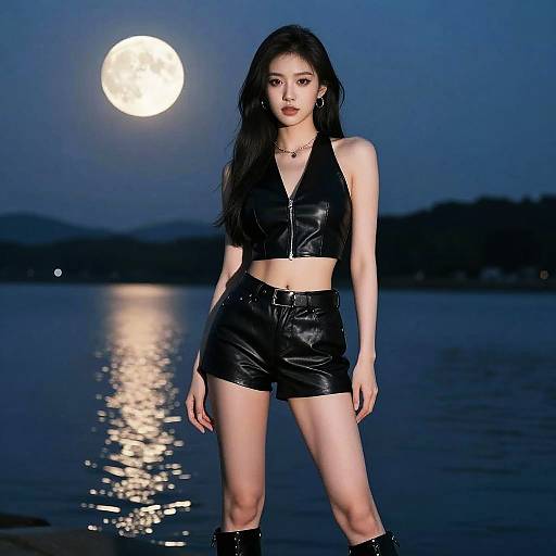 Photograph of an Asian woman with long black hair, wearing a black leather crop top and shorts, standing in a moonlit lake. Full moon in