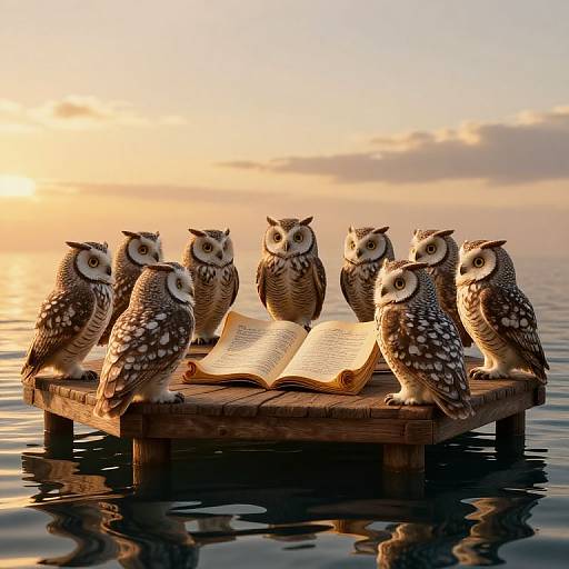 Photograph of seven detailed, realistic owl figurines with white and brown feathers, standing on a wooden dock, surrounding an open book, at sunset over