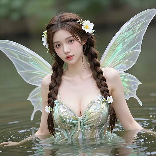 Digital artwork of a fair-skinned, brown-haired fairy with braided pigtails, white flowers in hair, translucent wings, and a low-cut