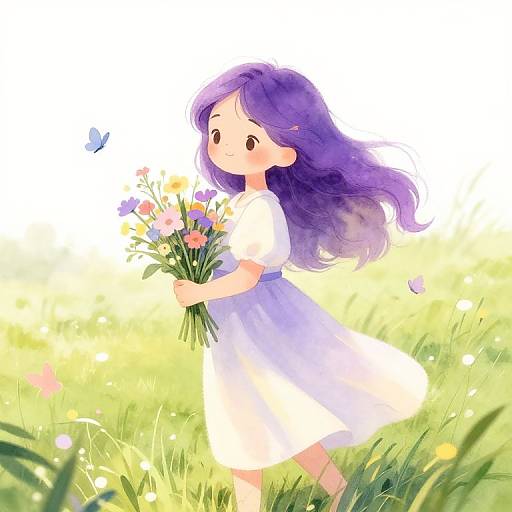 Purple Haired Girl with Wildflowers