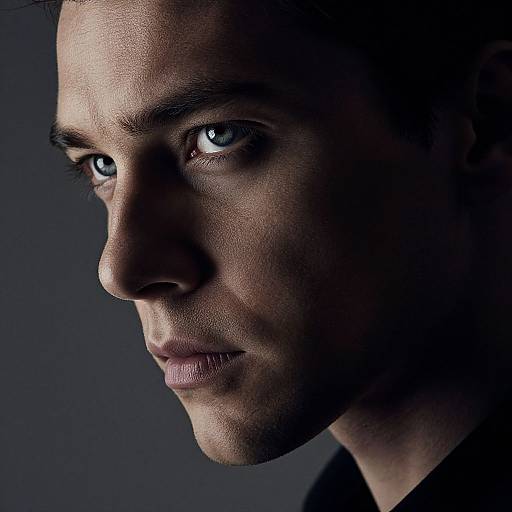 Close-up photograph of a serious, light-skinned man with piercing blue eyes, shadowed face, and dark hair against a dark blue background.