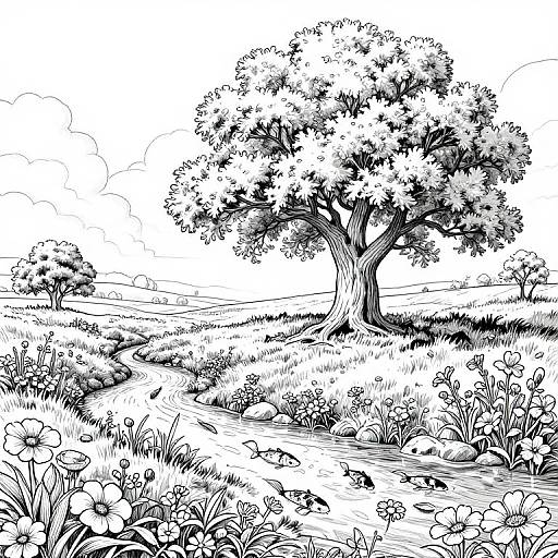 Black-and-white ink drawing of a large, detailed tree in a grassy meadow with flowers and a small stream in the foreground.