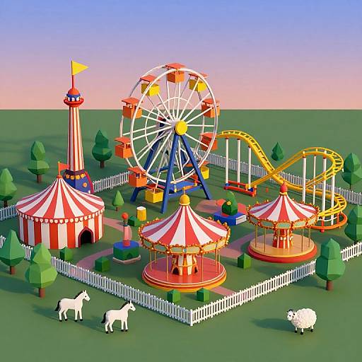 3D digital illustration of a colorful carnival with a Ferris wheel, roller coaster, red-and-white circus tents, white fence, trees, and two