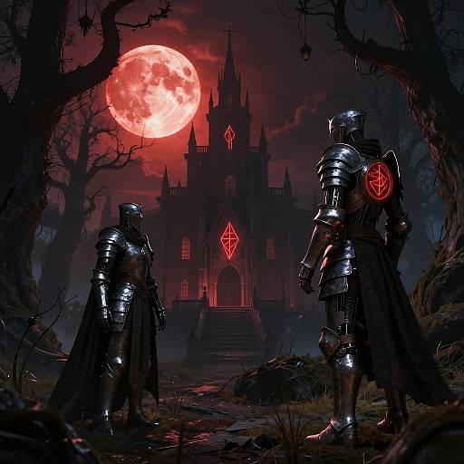Digital art: Two armored knights with glowing red symbols stand before a dark, gothic castle under a red full moon, surrounded by eerie, barren trees
