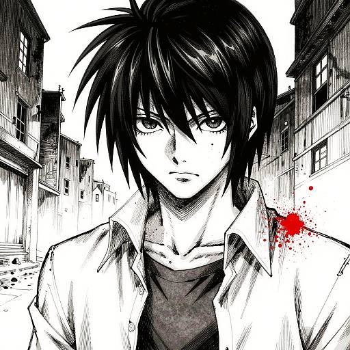 Black-and-white manga-style drawing of a serious, dark-haired boy with blood splatter on his shirt, standing in a deserted, urban alley.