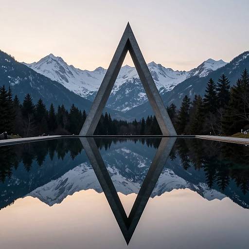 Photograph of a large, geometric, steel triangle reflected in a calm lake, set against a backdrop of snow-capped mountains and dense evergreen forest