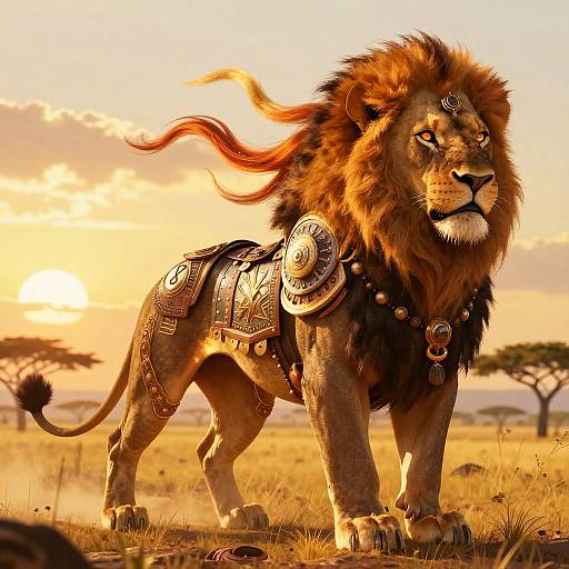 Majestic Lion with Tribal Armor at Sunset
