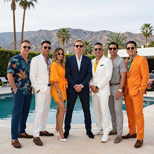 Photograph of seven stylishly dressed people in vibrant suits and sunglasses, standing in front of a luxurious pool with palm trees and mountains in the background.