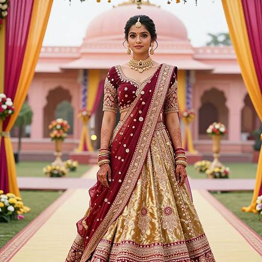 Photograph of an Indian bride in a red and gold traditional saree, adorned with gold jewelry, standing in a decorated outdoor setting.