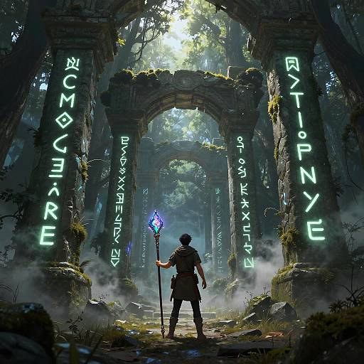 Digital fantasy artwork of a lone adventurer with a glowing blue staff, standing in a misty, ancient ruin with glowing runes on moss-covered arches.