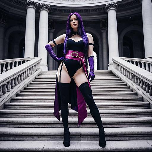 Woman in Purple Cosplay Costume on Grand Staircase
