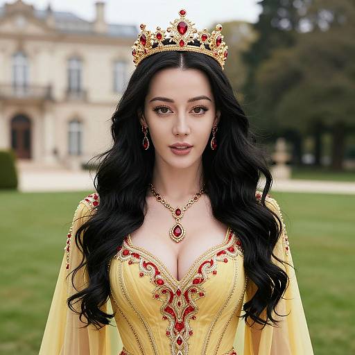 Photorealistic image of a fair-skinned woman with long black hair, wearing a gold and red embroidered yellow gown, crown, and necklace, standing