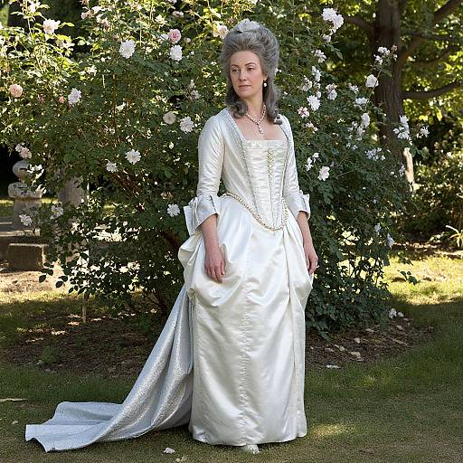 Photograph of a fair-skinned woman in an elegant, white, 18th-century-style satin gown with a full skirt and long sleeves, standing