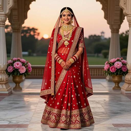 Photograph of a South Asian bride in a red, gold-embroidered saree, wearing traditional jewelry, standing in a sunset-lit pav