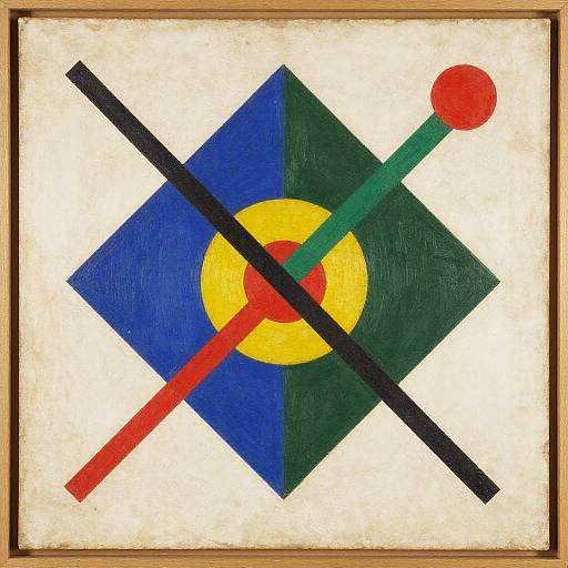 Abstract painting: bold black, red, and green lines intersect a blue and green diamond, yellow circle, and red dot on a white background.