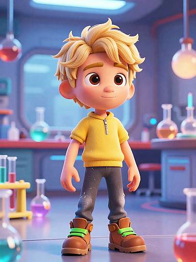 3D Cartoon Boy in Futuristic Lab