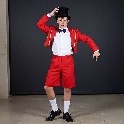 Photograph of a young man in a red jacket, shorts, white shirt, black bow tie, top hat, white socks, black shoes, striking