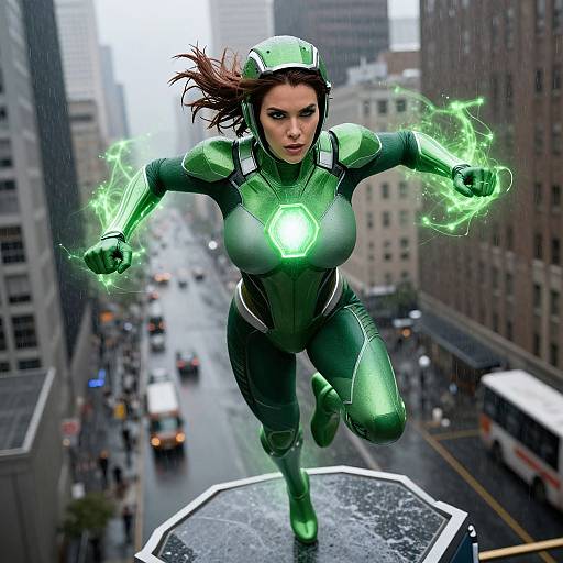 CGI image of a green-suited, glowing-eyed superhero woman with brown hair, leaping from a building, surrounded by green energy, in a
