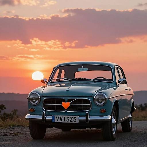 Vintage Volvo with Heart Emblem at Sunset