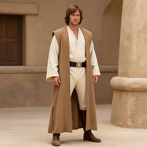 Photograph of a bearded man with brown hair, wearing a beige robe over a cream-colored tunic, black belt, and brown boots, standing