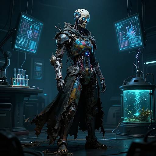 Cyborg figure with glowing blue and purple circuits, white skull helmet, tattered black cloak, standing in futuristic lab with blue neon screens and a fish