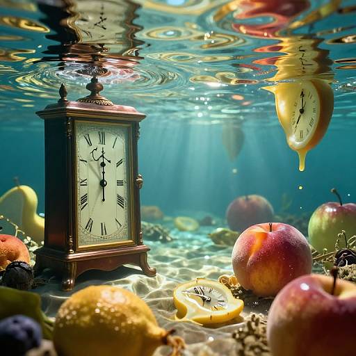 Underwater photograph of a vintage clock submerged among colorful fruits, including apples, bananas, and lemons, with sunlight filtering through.
