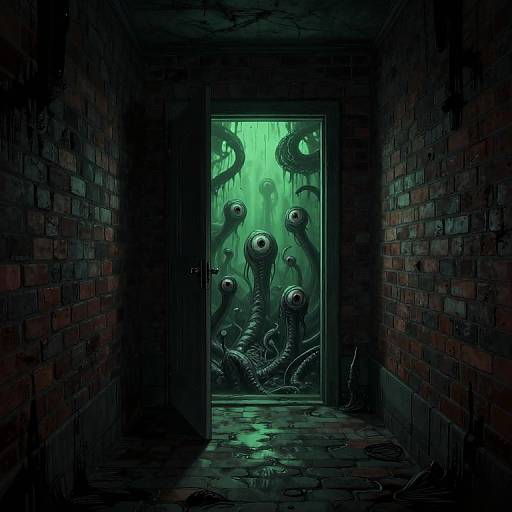 Digital artwork of a dark, eerie hallway with a glowing green door, revealing multiple slimy, tentacled creatures with eye stalks emerging from the
