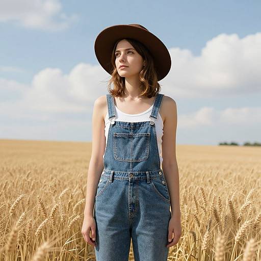 Photograph of a young woman with light skin, brown hair, wearing a wide-brimmed hat, white tank top, and blue denim overalls