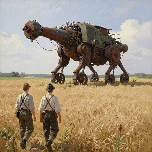 Photograph of two soldiers in white shirts and dark pants, with caps, standing in a golden wheat field, gazing at a large, rusted