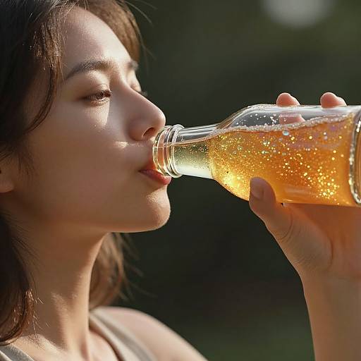 Close-up photograph of a young woman with light skin and dark hair drinking from a sparkling orange soda bottle, sunlight highlighting her profile.