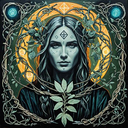 Symbolist Mystic Woman with Glowing Runes and Vines
