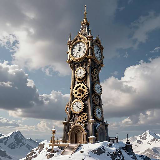 Photorealistic CGI of a tall, steampunk clock tower with large gears on its face, set against a snowy mountain range under a blue,
