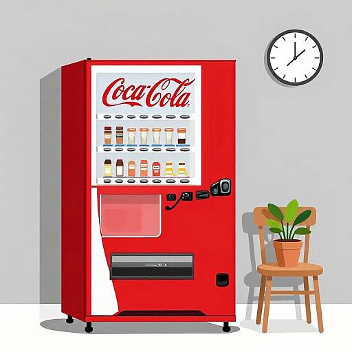Digital illustration of a bright red soda vending machine with a white price list, next to a wooden chair with a potted plant, and a black-and