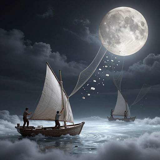 Digital artwork: Two wooden sailboats with silhouetted sailors navigate moonlit, cloudy waters, as a giant full moon casts glowing rays through a