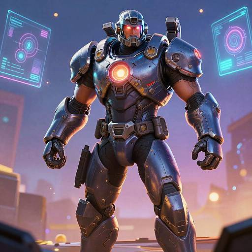 CGI image of a muscular, black armored robot with glowing red and blue lights, standing in a futuristic cityscape with holographic displays.