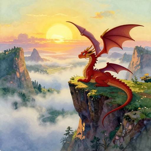 Digital fantasy artwork of a red dragon with wings spread, sitting on a cliff at sunset, overlooking misty mountain peaks.