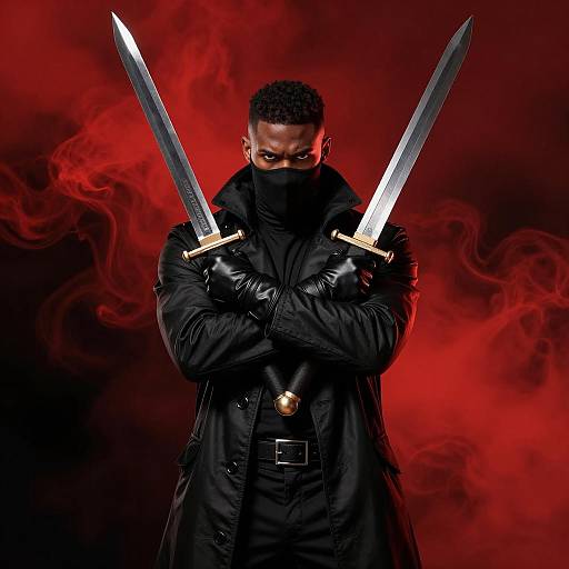 Man in Black Coat Holding Two Swords with Red Smoke Background