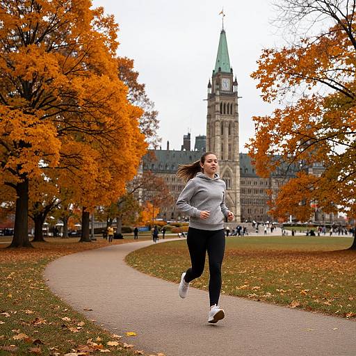 Photograph of a smiling woman jogging on a curved path in a park with vibrant orange autumn leaves, with a historic building and clock tower in the background