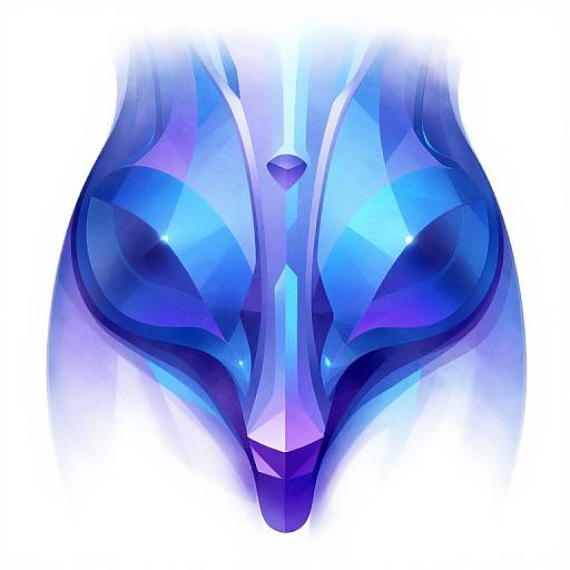 Digital artwork of an abstract, blue and purple crystalline face with symmetrical, glowing facets and a central pointed nose.