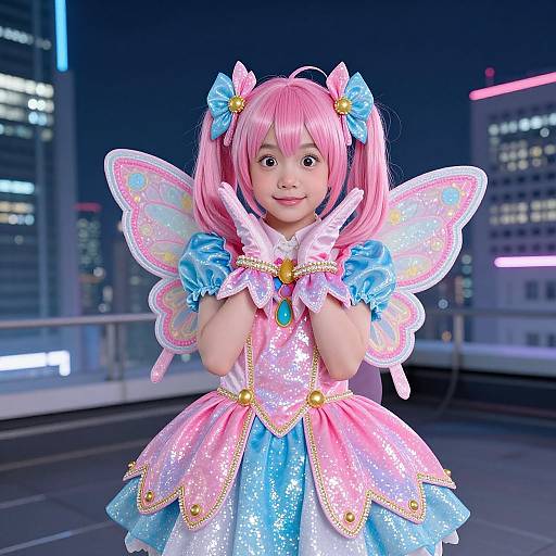 Vibrant Anime Girl on Rooftop Night