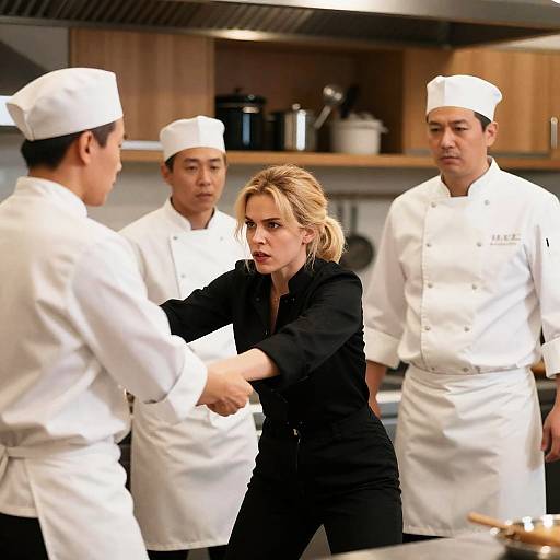 Dynamic Kitchen Scene with Four Chefs
