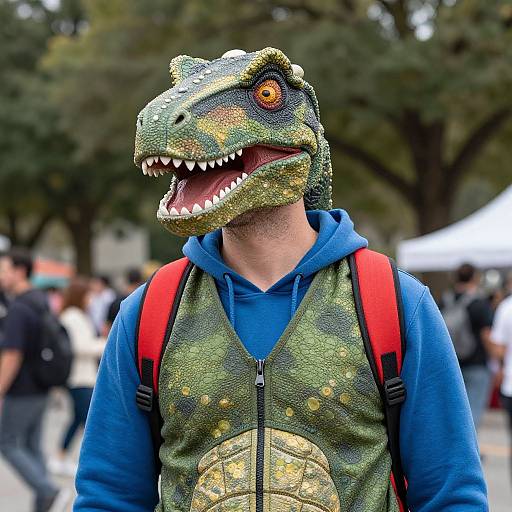 Photograph of a person wearing a detailed, green and yellow dinosaur mask with sharp teeth, a blue hoodie, and a red backpack, in a blurred