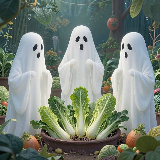 Photograph of three glowing white ghost figures with black eyes, standing around a glowing green leafy plant in a vibrant garden, surrounded by various fruits and
