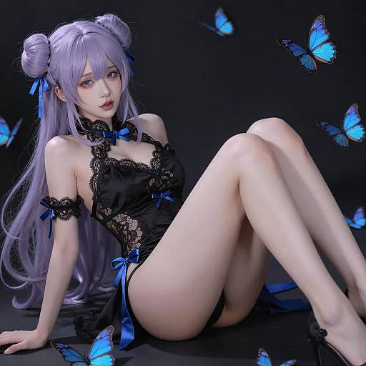 Anime Woman with Purple Hair and Butterflies