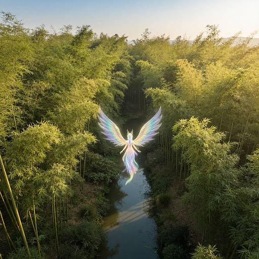 Digital art: Angel with glowing wings descends over sunlit bamboo forest, reflected in a narrow river below, blue sky above.